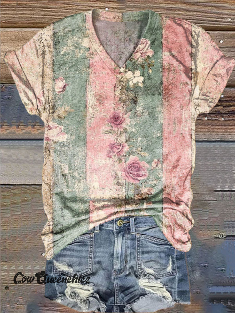 Women’s Vintage Print V-neck Casual T-Shirt Multicolor / S