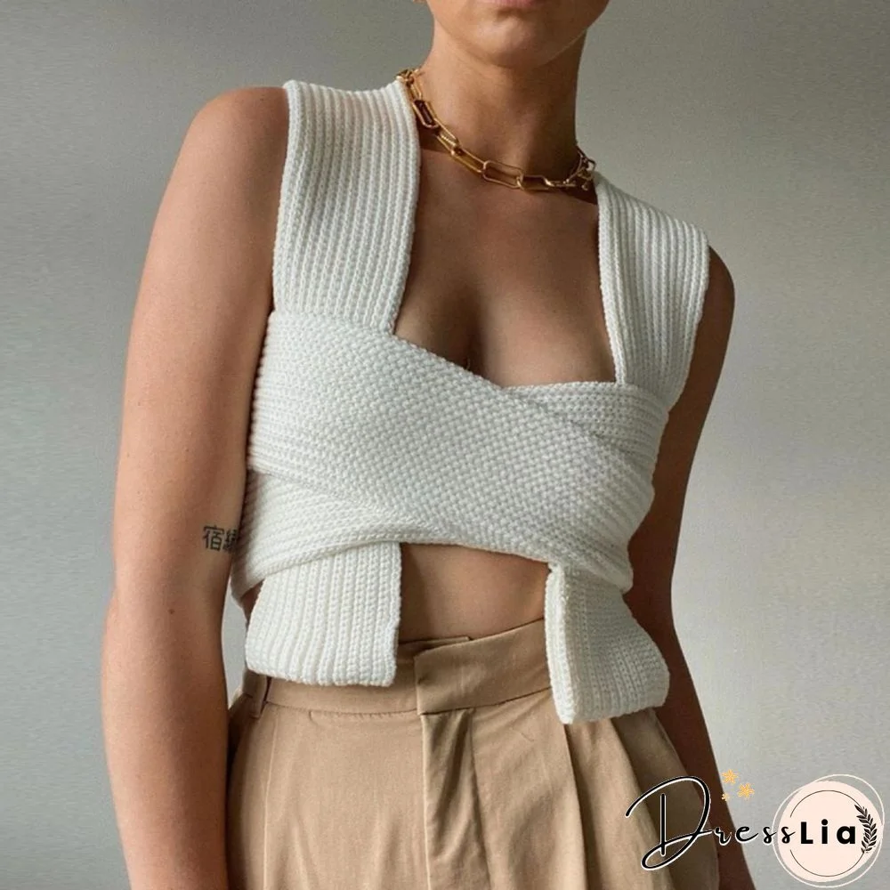 Sleeveless Knitted Crop Sweater Sexy Autumn Summer Fashion Vest Black Casual White Jumper Top Female Pullover