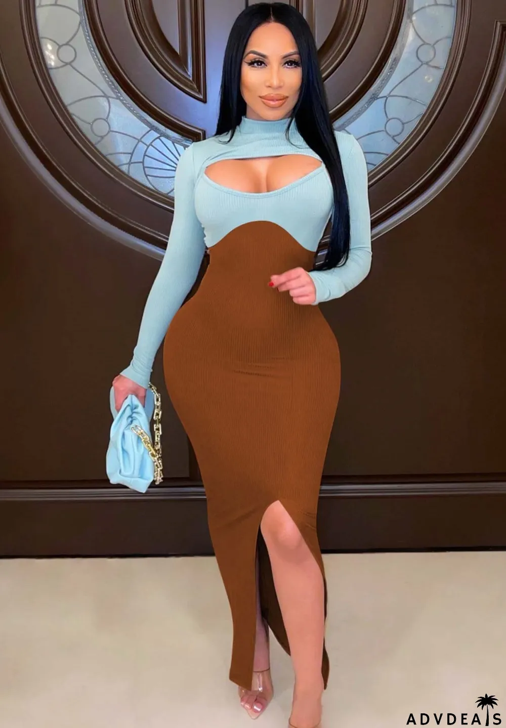 Fall Sexy Blue Contrast Brown Hollow Out High Neck Long Sleeve Slit Long Dress
