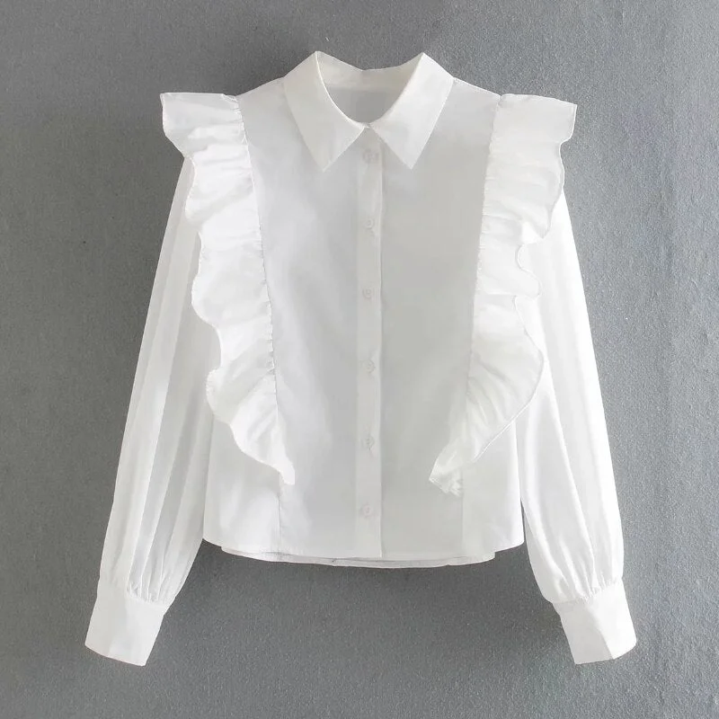2021 New Spring Women Cascading Ruffle White Blouse Female Long Sleeve Shirt Casual Lady Loose Tops Blusas S8350