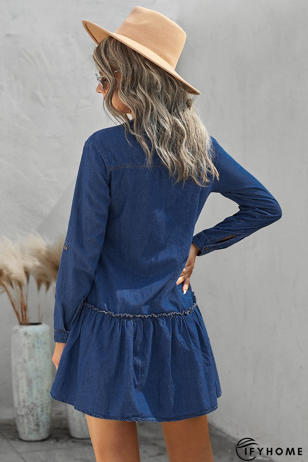 Pocketed Ruffled Denim Shirt Mini Dress | IFYHOME