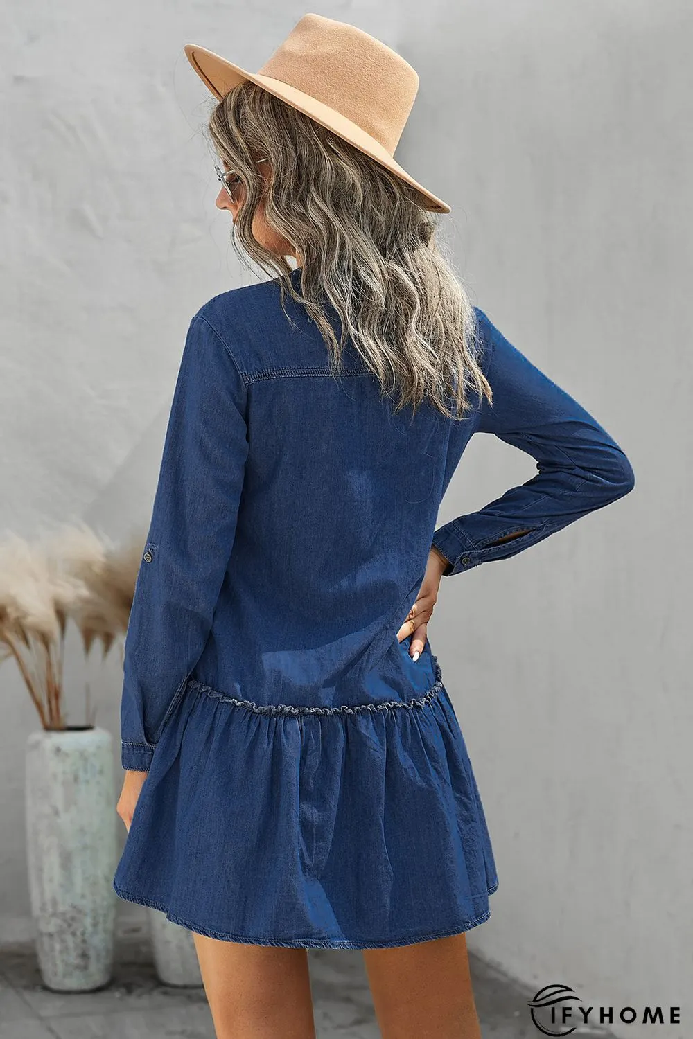 Pocketed Ruffled Denim Shirt Mini Dress | IFYHOME