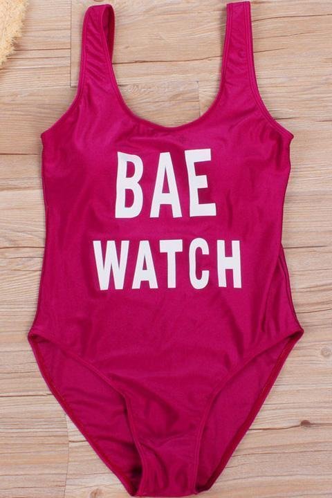Hot Pink Shaping Letter Print Low Back Cute One Piece Swimsuit-elleschic