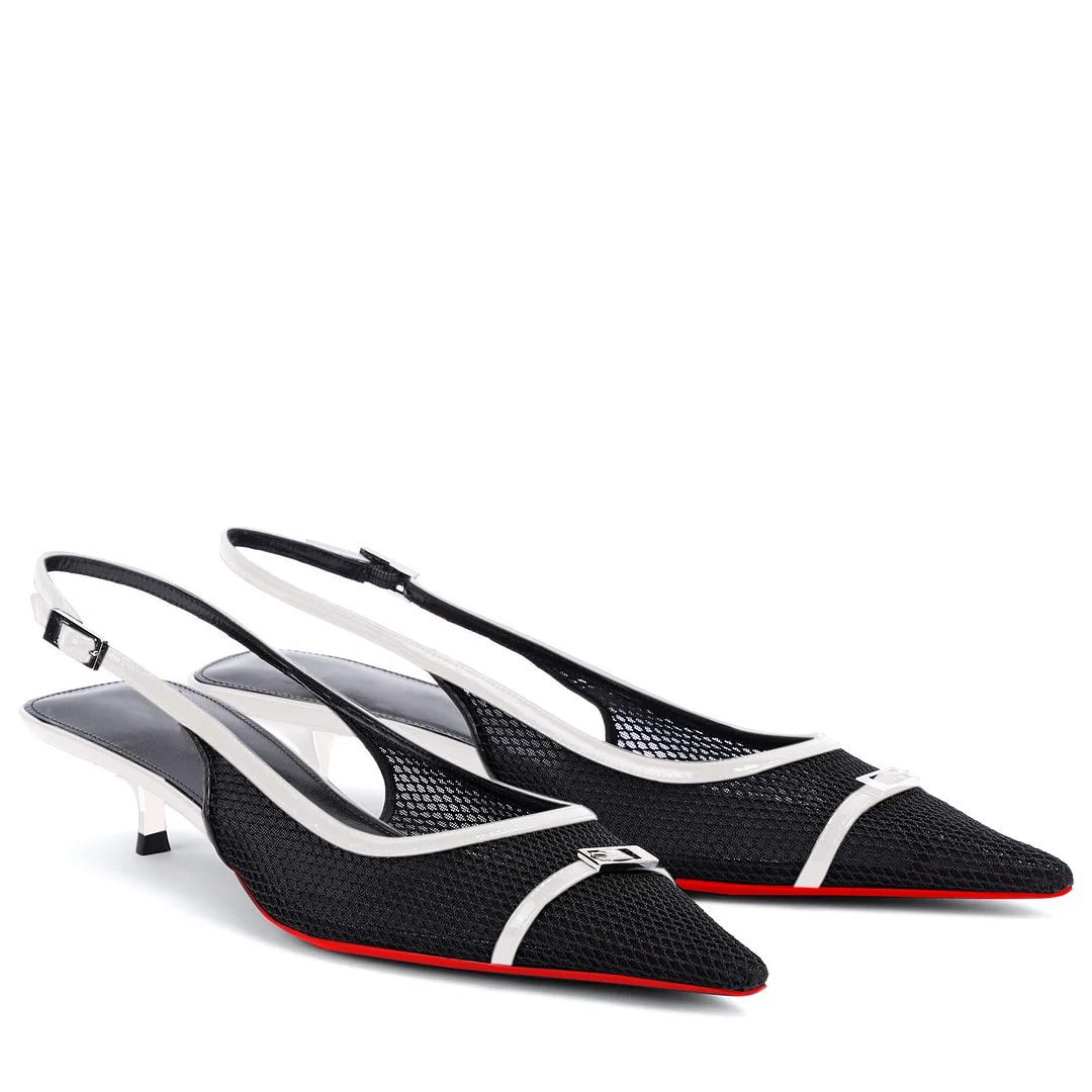 2.36" Women's Pointed Toe Red Bottom Sandals Slingback Shoes Kitten Heel Pumps Mesh Summer Shoes-MERUMOTE