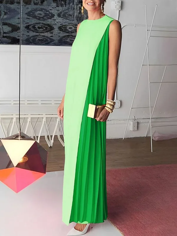 Split-Joint Pleated Contrast Color Asymmetric Sleeveless Loose Round-Neck Maxi Dresses