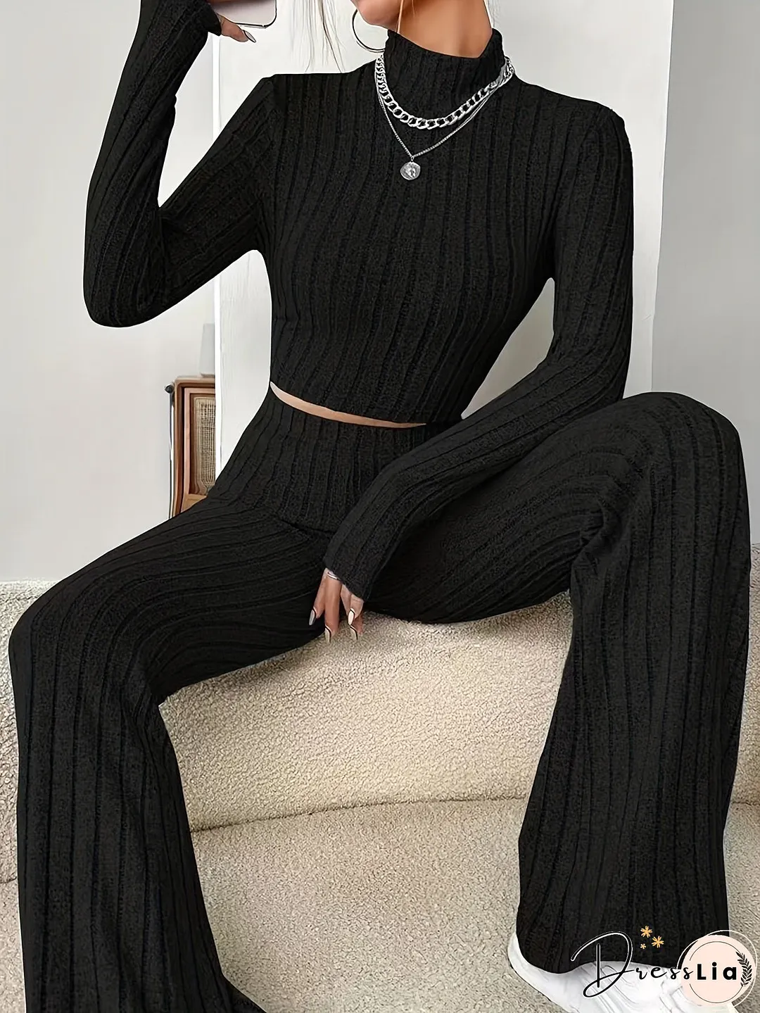 Solid Ribbed Two-piece Set Mock Neck Long Sleeve Tops Flared Leg Pants Outfits Womens