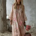 Vintage Boho Pink Roses Lace Flowy Linen Maxi Dress - Image 2