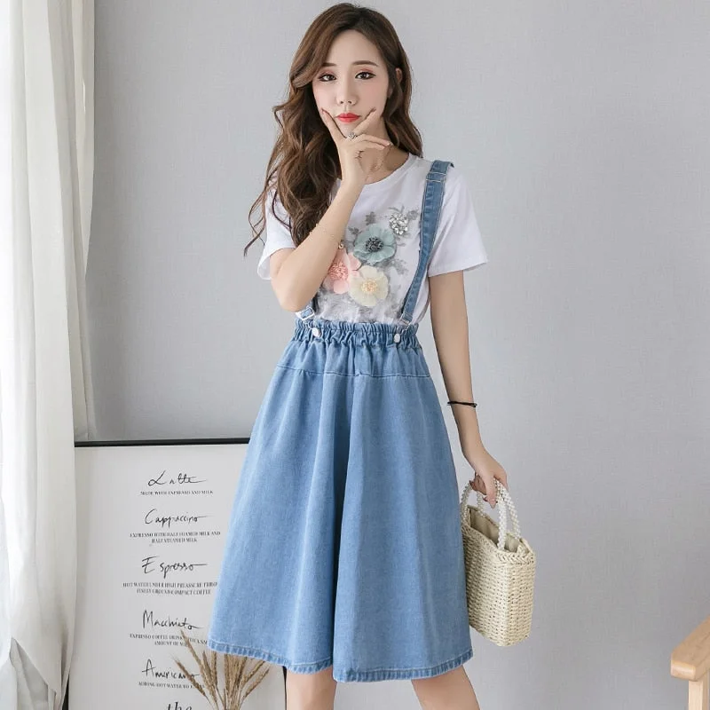 Zoki Plus Size S-4XL Women Denim Strap Skirt Elegant Summer Korean Elastic High Waist A-line Midi Skirt Jeans Faldas Mujer Moda