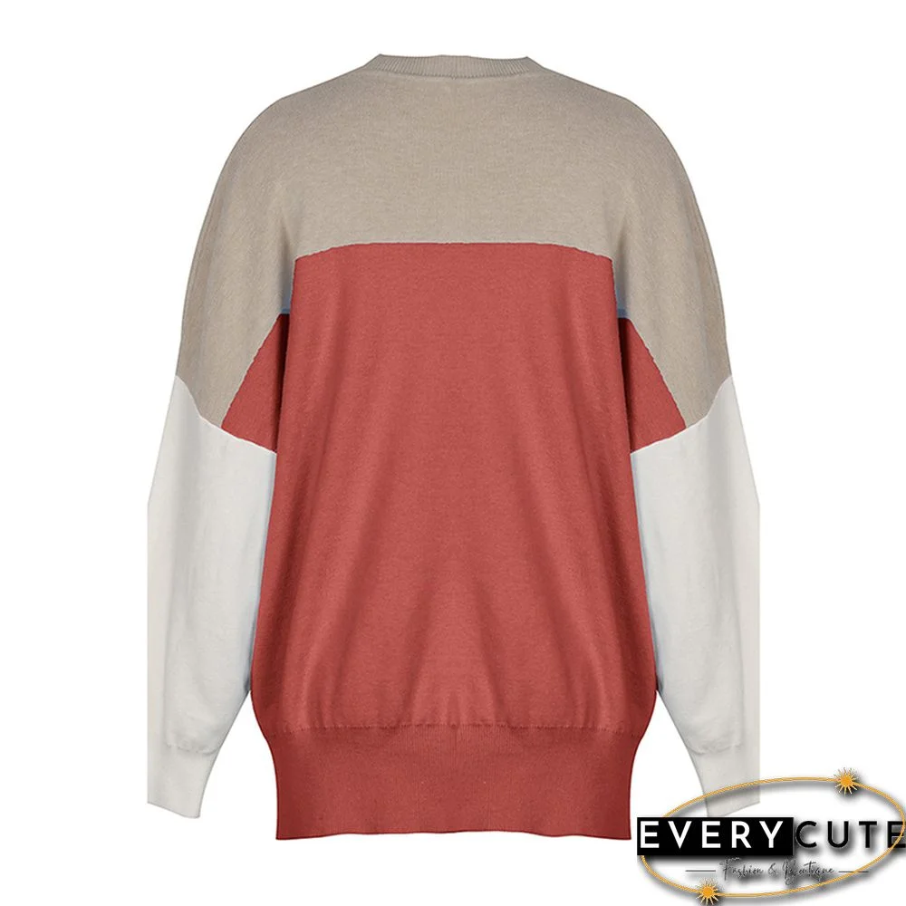 Rust Red Colorblock Pullover Knit Sweater