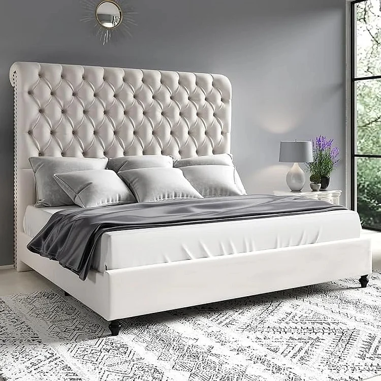 Jocisland King Size Bed Frame with Sleigh Headboard 59.1" Tall Velvet Upholstered Platform Bed, No Box Spring Needed, Cream