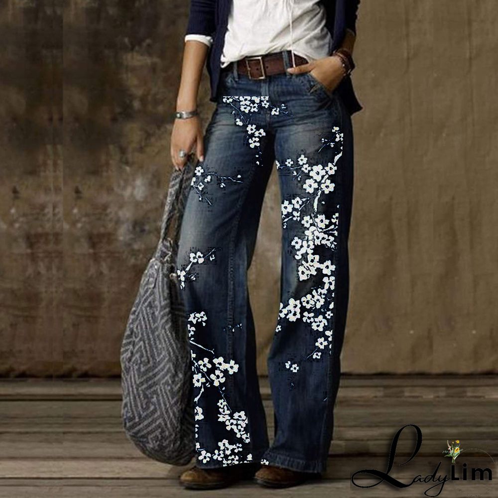 Vintage Fashion Casual Straight Wide Leg Ladies Denim Pants