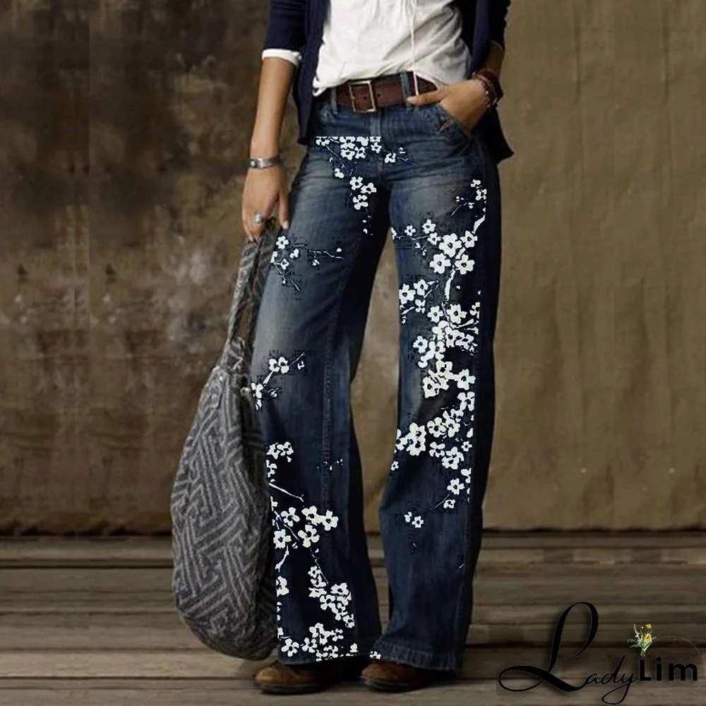 Vintage Fashion Casual Straight Wide Leg Ladies Denim Pants
