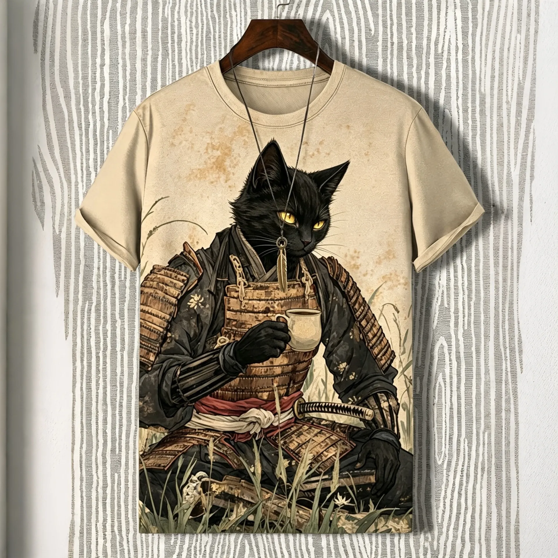 Men's Retro Black Cat Samurai Enjoys Afternoon Tea Japanese Art Short-sleeve Shirt  artssus