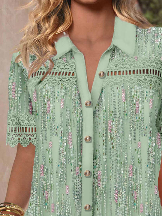 Women's Short Sleeve V-neck Lace Stitching Hollow Graphic Top