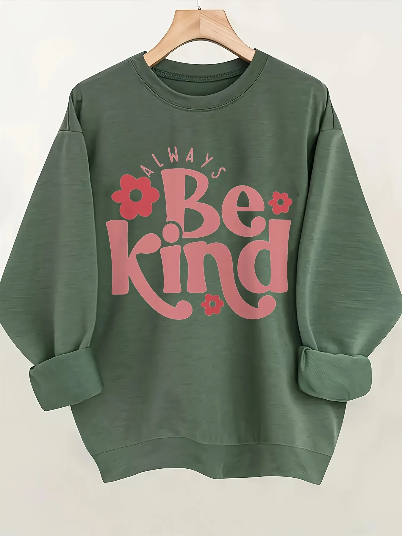 Womens Always Kind Floral Accent Casual Sweatshirt Olive Green Round-Neck Long Sleeve