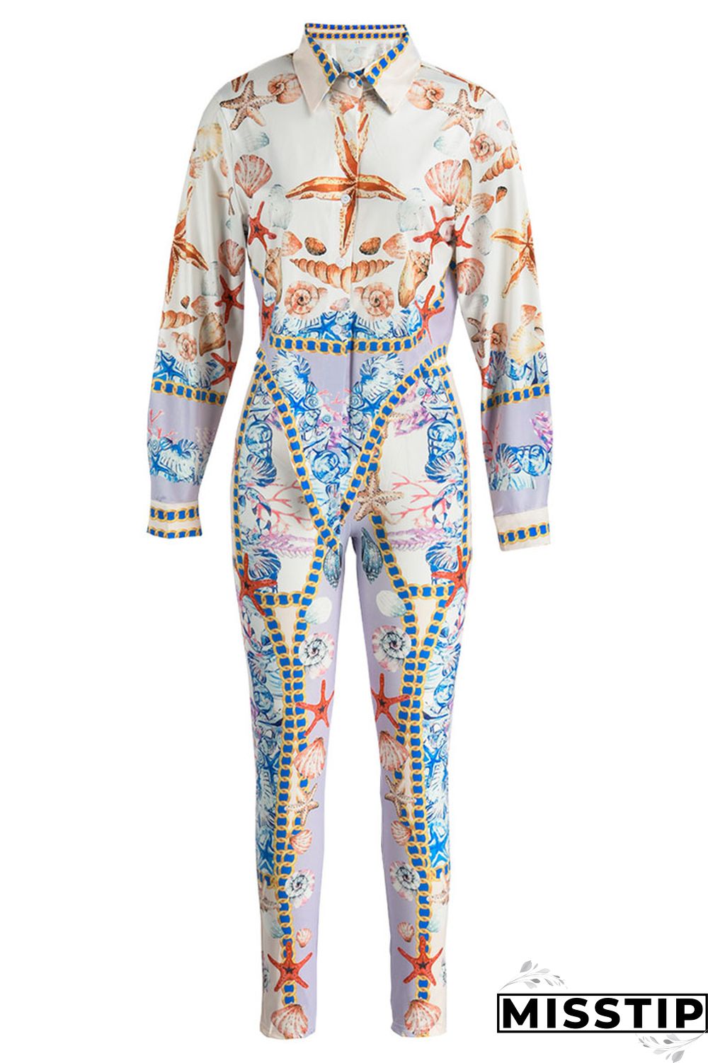 Purple Fashion Casual Print Basic Turndown Collar Long Sleeve Two Pieces