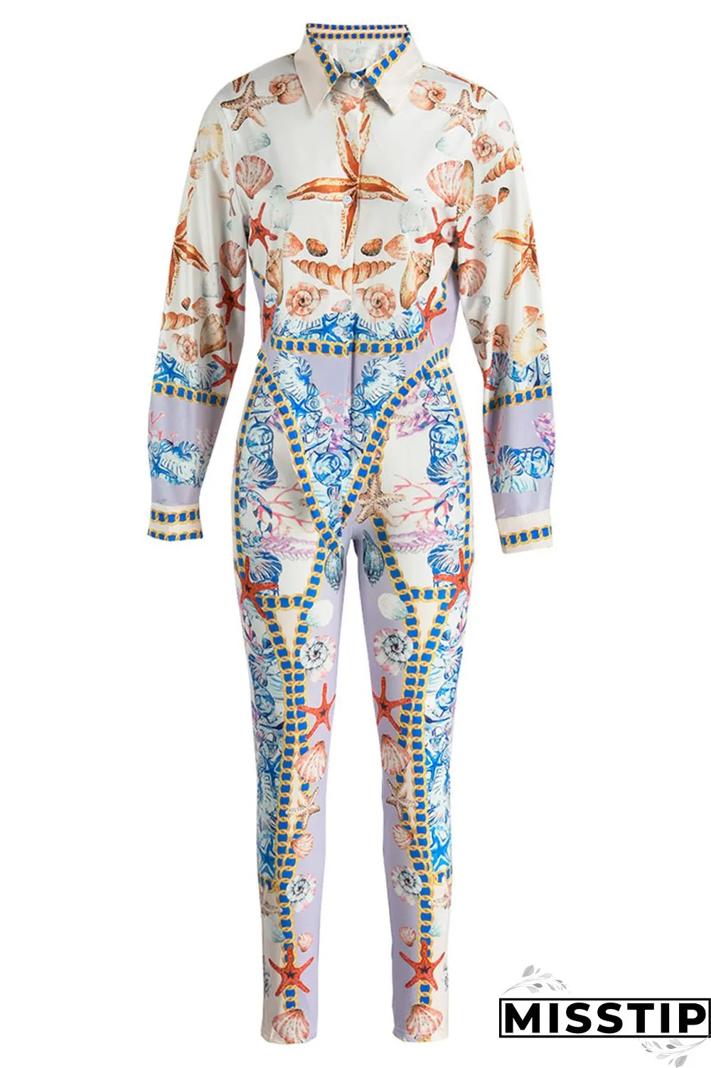 Purple Fashion Casual Print Basic Turndown Collar Long Sleeve Two Pieces