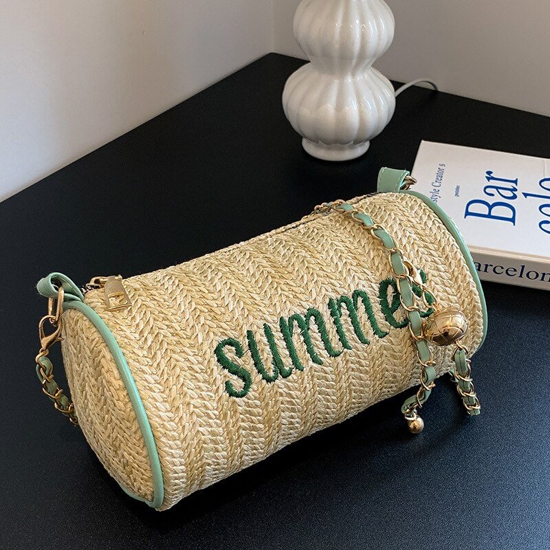 2022 New Summer All-match Straw  Chain Shoulder Bag  Barrel-shaped  Hand Bags for Women US Mall Lifes