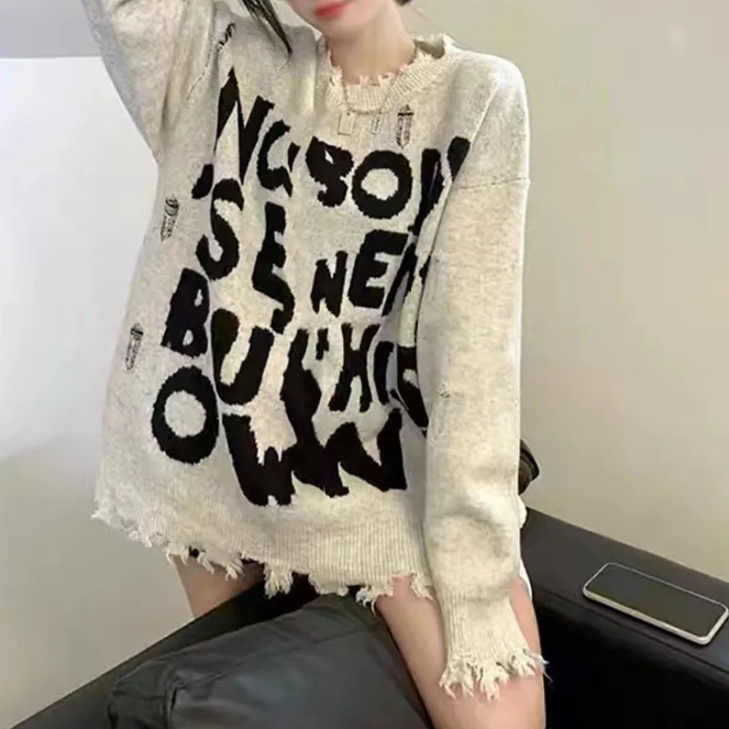 Toloer Toloer Hole Sweater Female 2024 New Design Sense Small Letter Loose Medium Long Long Sleeve Knit Top Tide-Outfit Ideas