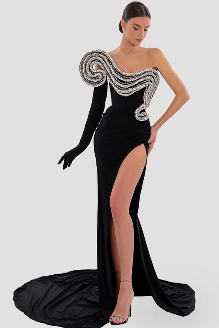 Rhinestone Embellished High Slit A Glove Velvet Maxi Dress-Black