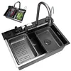 [US Local Warehouse] Stainless Steel Kitchen Sink with Pull-Out Swivel Faucet Double Waterfall Sinks