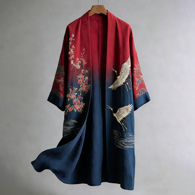 Men's Retro Japanese Cherry Blossom And Crane Art Linen Blend Kimono  artssus
