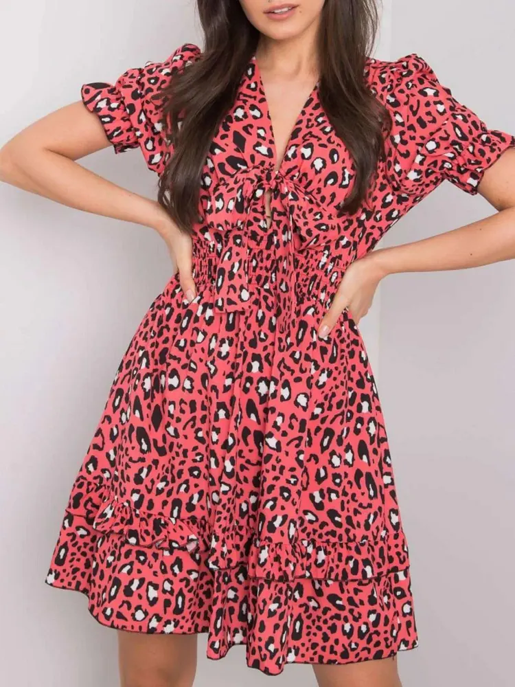 Leopard Print Tie Front Short Sleeve Mini Dress