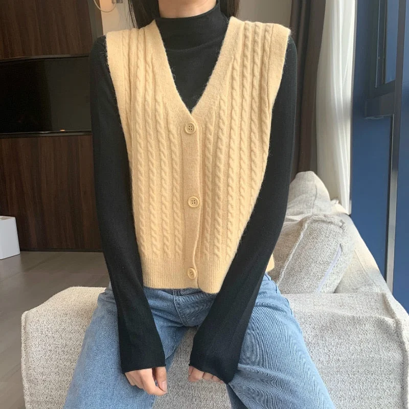 V-neck Retro Woman Vests Sleeveless Outer Wear Trendy Sweater Female Spring Knitted Vest Women Cardigan Autumn Short Loose 16089