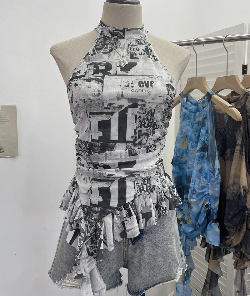 Uveng Trend Irregular Hanging Neck Dyeing Net Yarn Vest Lotus Side Ribbon Short Sleeveless Top 9969