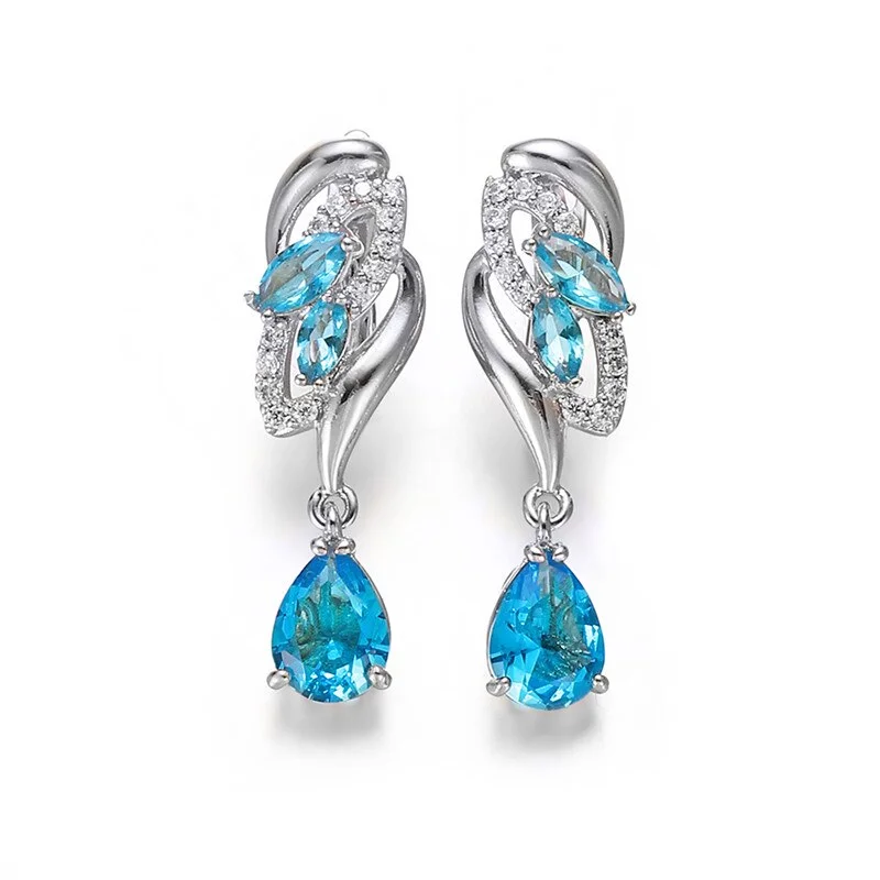 Cute Female Flower Zircon Earrings Rainbow Crystal Pear Stone Hoop Earrings Charm Silver Color Wedding Earrings For Women