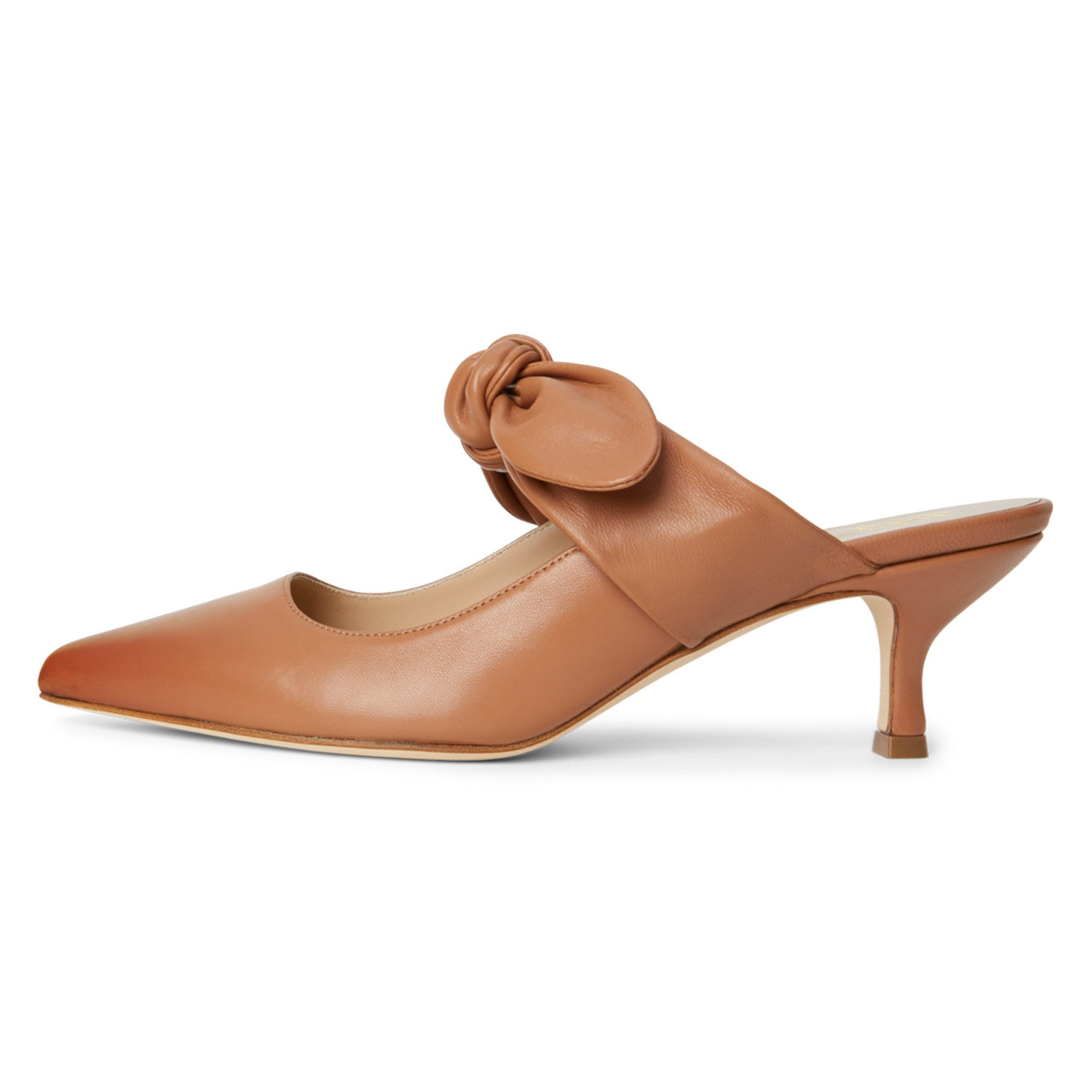 Women's Tan Pointed Toe Bow Strap Mules Shoes with Kitten Heels