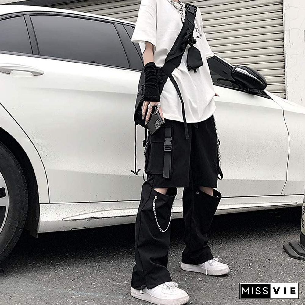 Casual Pants Chain Broken Hole Elastic Waist