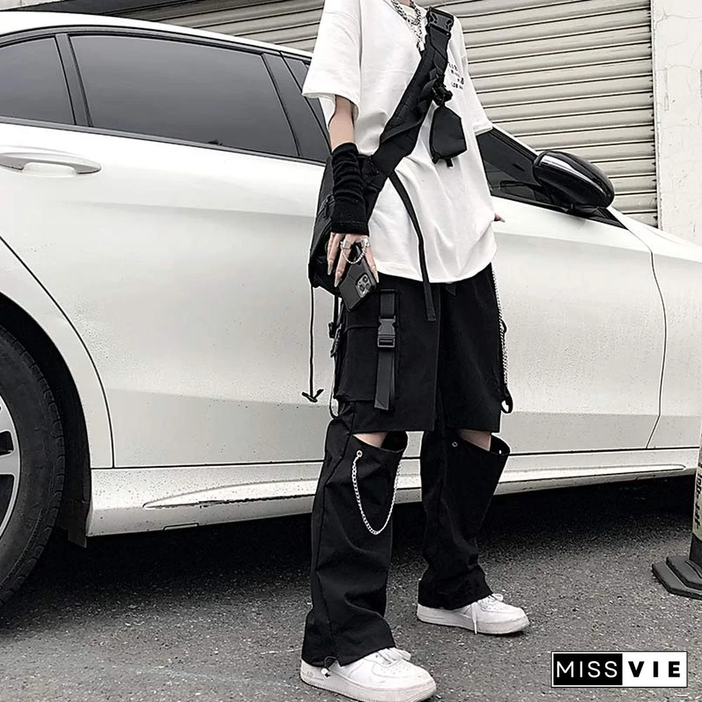 Casual Pants Chain Broken Hole Elastic Waist