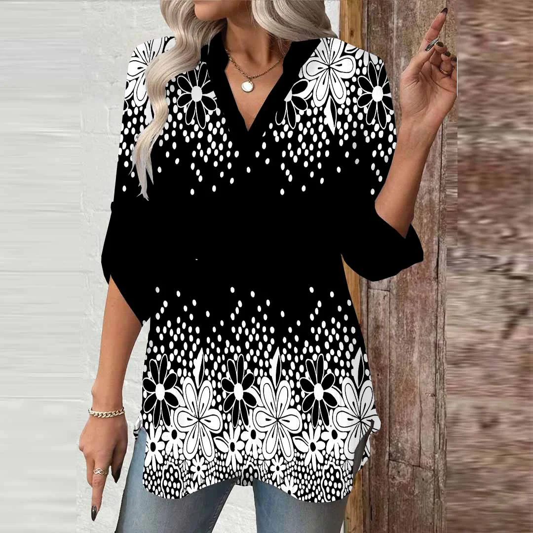 Women Floral,Black,White DZGA0722 3/4 Sleeve V-neck Printed Graphic Button Tops