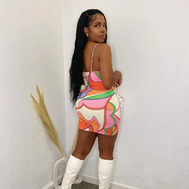 BIIKPIIK Off Shoulder Multicolor Print Spaghetti Strap Mini Dress Sexy Skinny 2022 Summer Casual Streetwear Activity Dresses Hot