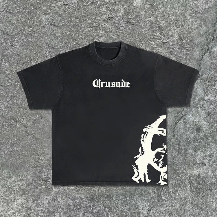 Men's Vintage God-Crusade Print Acid Washed Casual T-Shirt