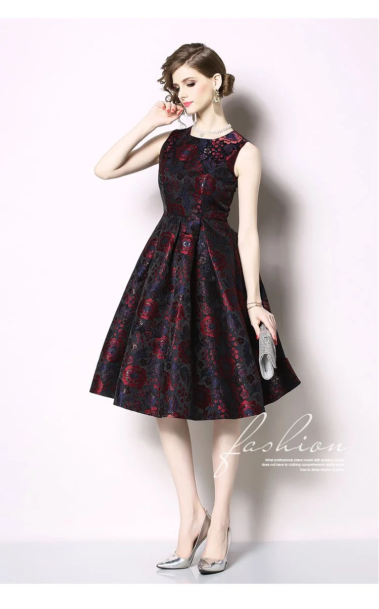 Temperament color big swing sleeveless vest jacquard dress