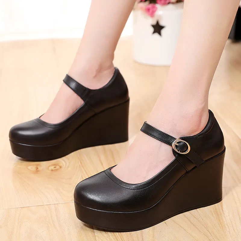 Breakj Breakj 8CM High Heel Heel Leather Shoes 3CM Thick Waterproof Table Comfortable Loose Cake Shoes Round Head Light Magic Stick Single Shoes Women