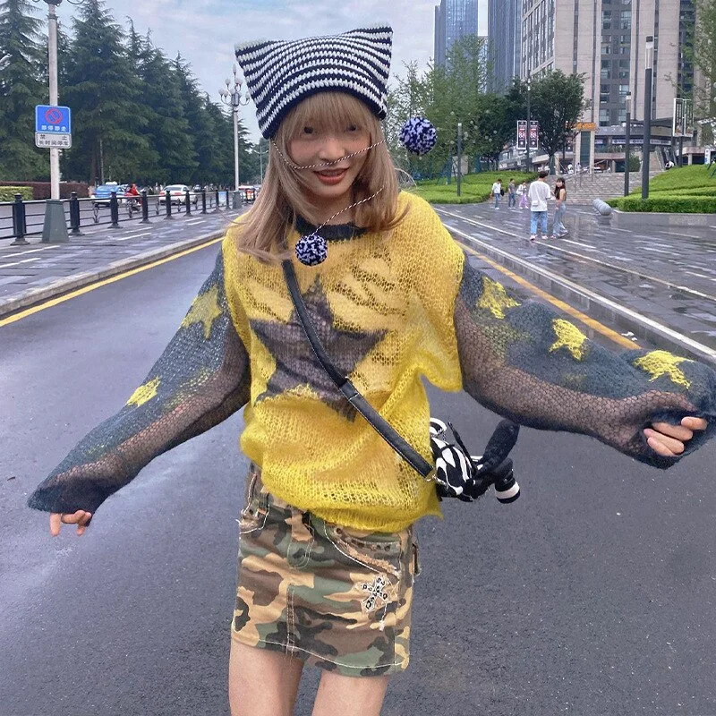 Uveng 2022 Summer Autumn Star Kintted Smock Tops Women Y2K Long Sleeve See Through Loose Pullovers T Shirts Vintage Streetwear