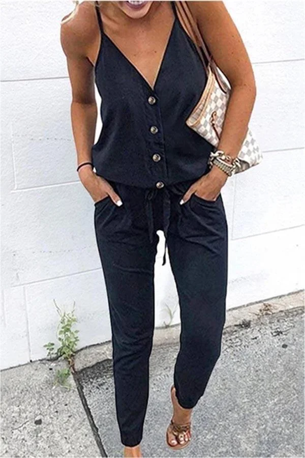 Womens Button V Neck Lace-up One-piece Jumpsuit-Allyzone-Allyzone