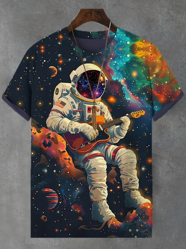 Men's Outer Space Astronaut Playing Guitar Print Casual T-Shirt