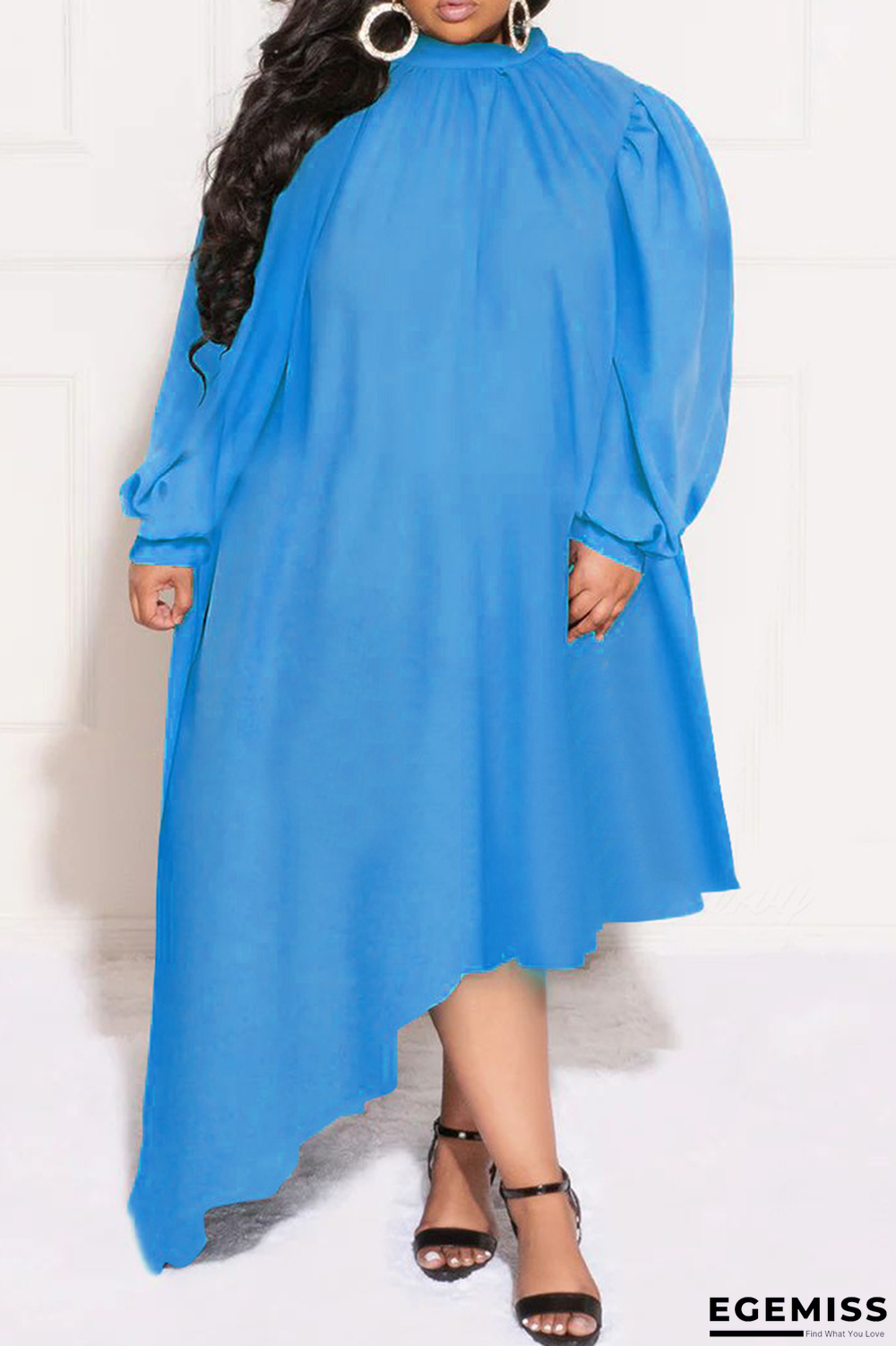Baby Blue Casual Solid Patchwork Half A Turtleneck Irregular Dress Plus Size Dresses | EGEMISS