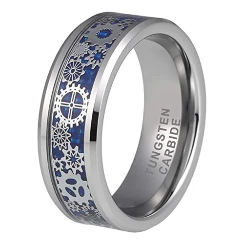 Women's or Men's Tungsten Carbide Wedding Band Watches Gear Rings,Wedding ring bands Blue Carbon Fiber Inlay Silver Band with Silver Mechanical Gears,Tungsten Carbide Ring With Mens And Womens Rings For 4MM 6MM 8MM 10MM