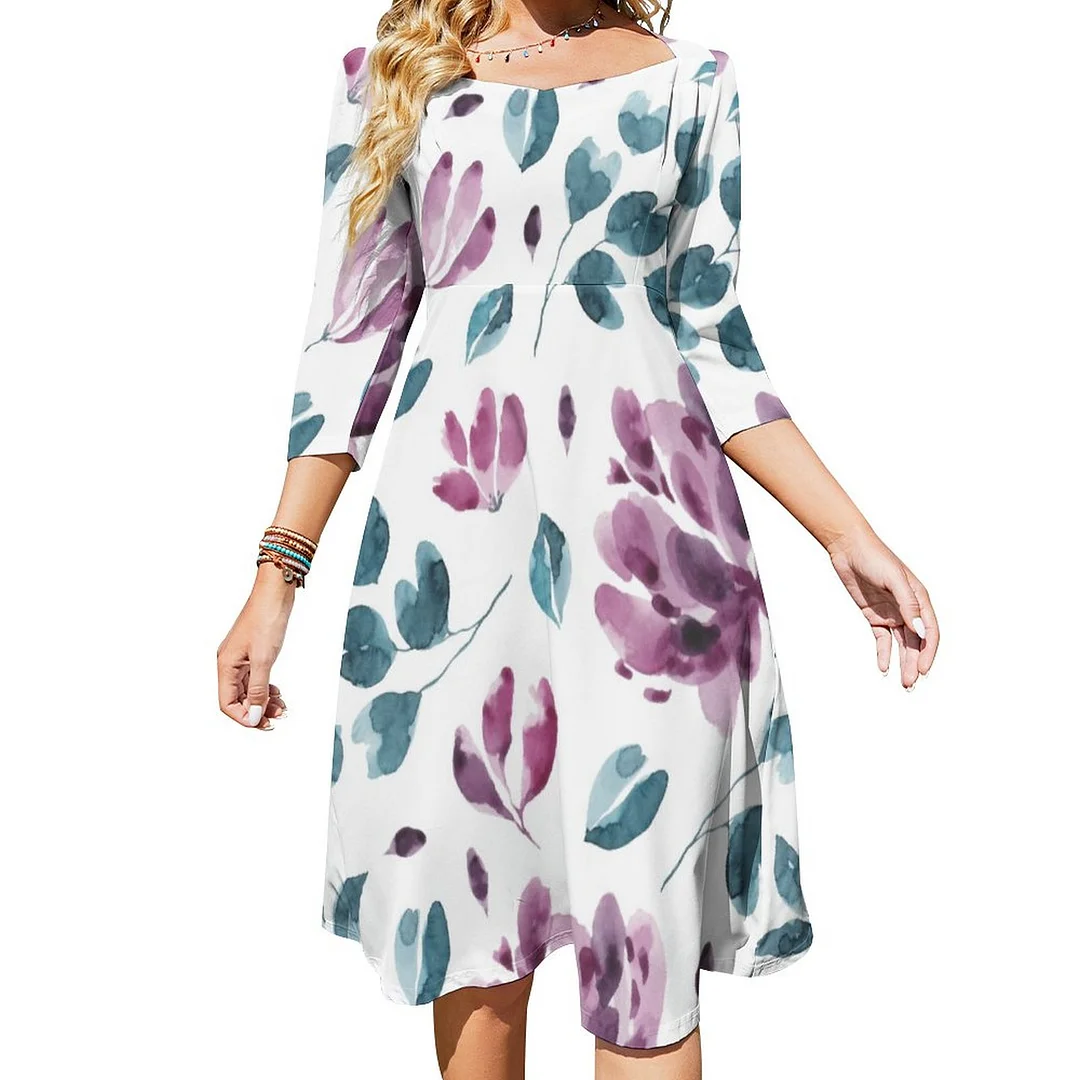 Purple Blossoms And Greenery Dress Sweetheart Tie Back Flared 3/4 Sleeve Midi Dresses