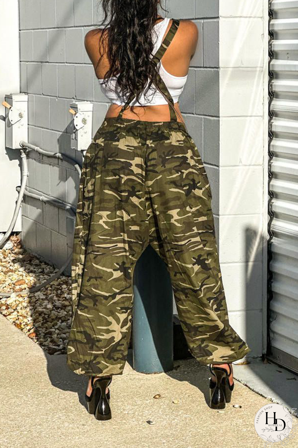 Army Green Street Camouflage Print Patchwork Spaghetti Strap Harlan Jumpsuits
