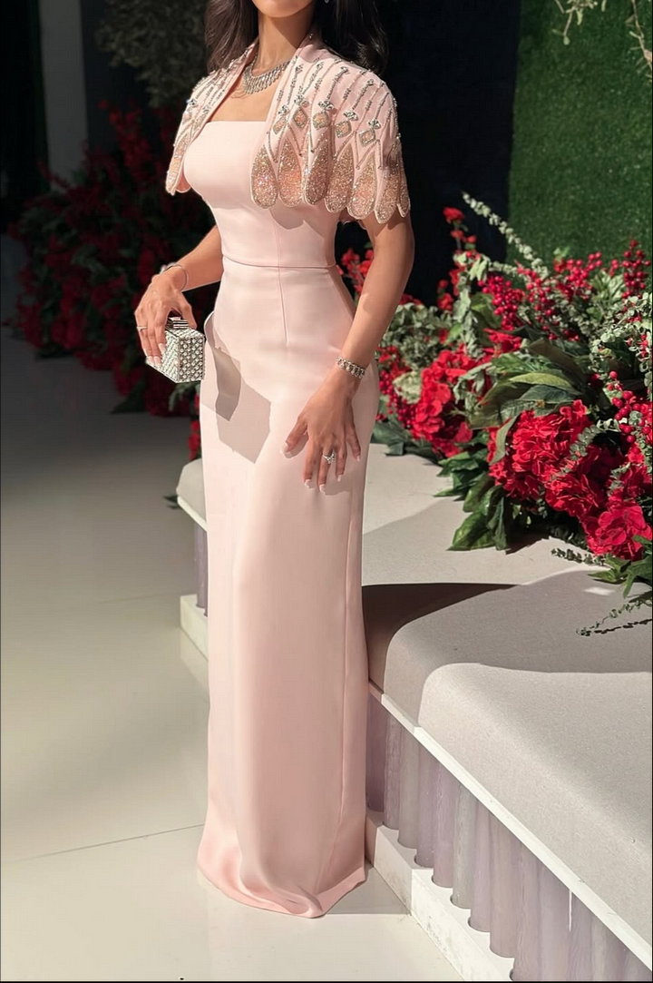 Lussooy Exquisite Blushing Pink Satin Tea Length Prom Dress with Sequins Shawl