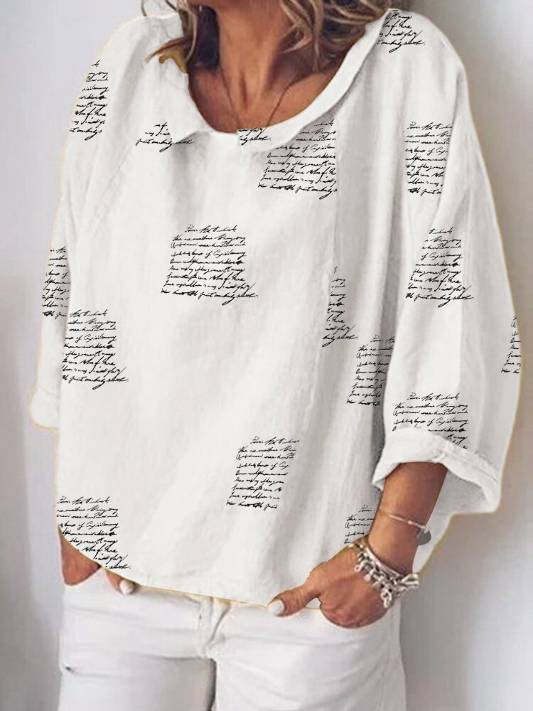Letters Printed O neck Long Sleeve Blouse For Women P1713947