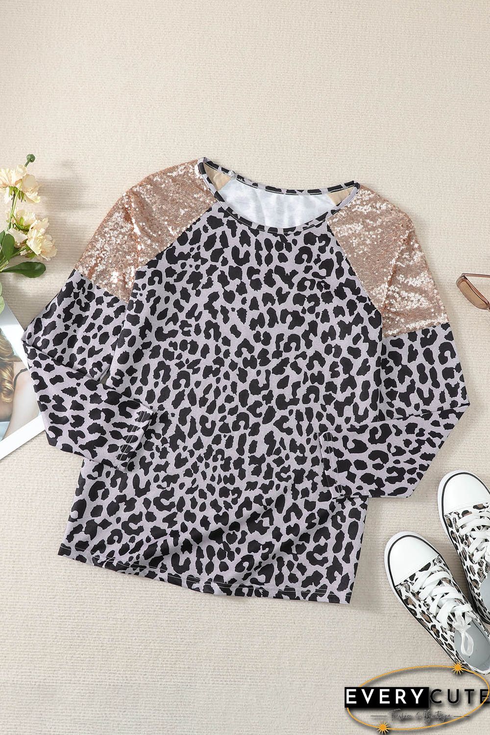 Sequin Shoulder Splicing Leopard Long Sleeve Top