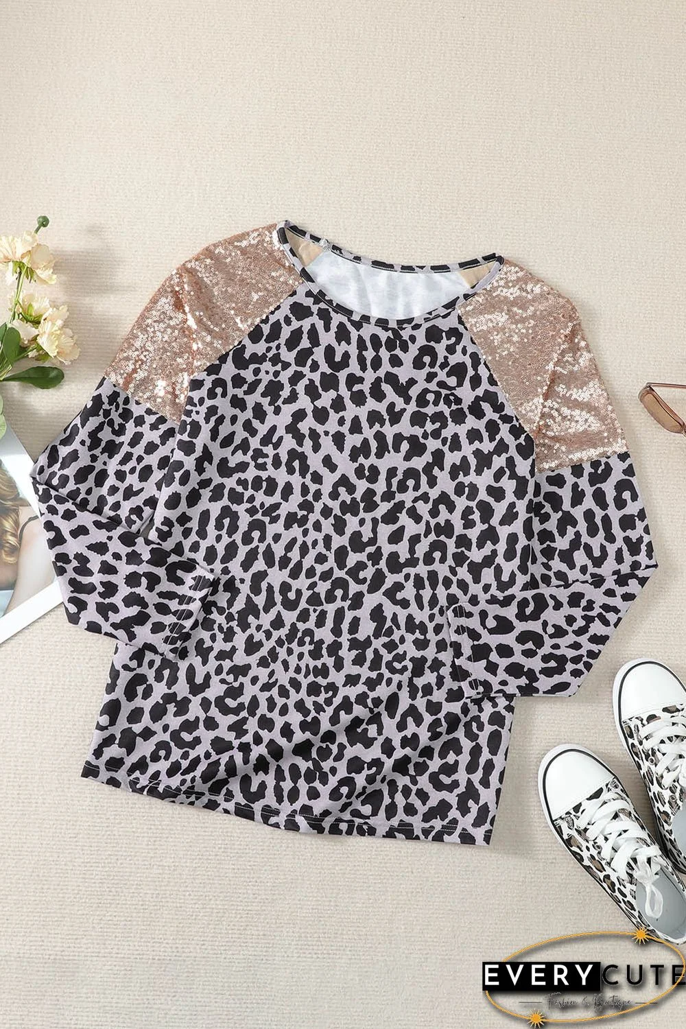 Sequin Shoulder Splicing Leopard Long Sleeve Top
