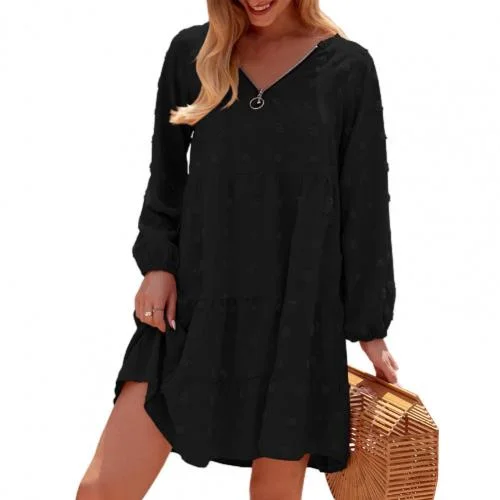 Autumn Women's Mini Dress Large Size Loose V-neck Zipper Jacquard Hair Ball Long Sleeve Cake Dress for Dating